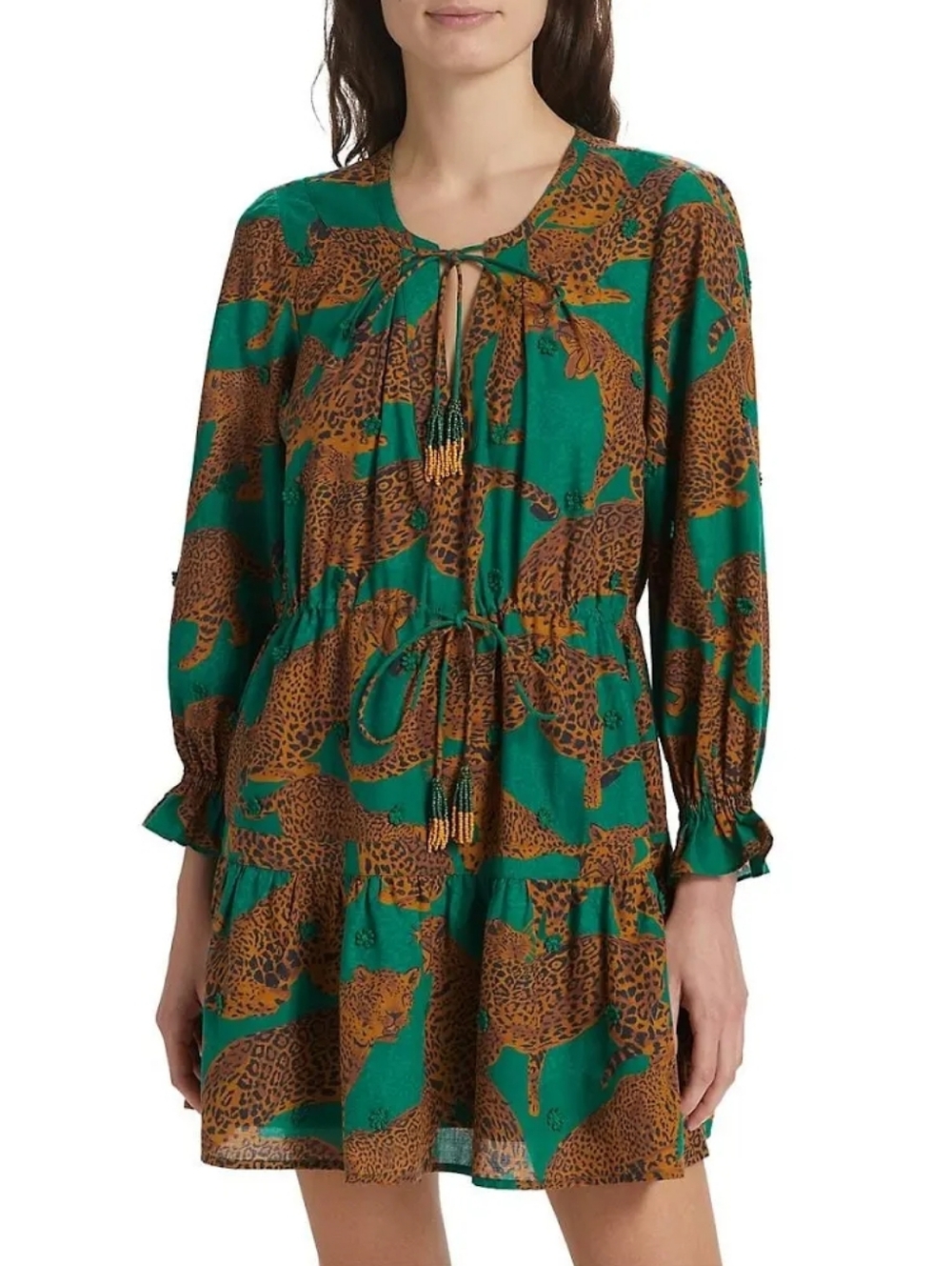 FARM Rio Green and Brown Leopard-Print Embroidered Long Sleeve Mini Dress-Lrg